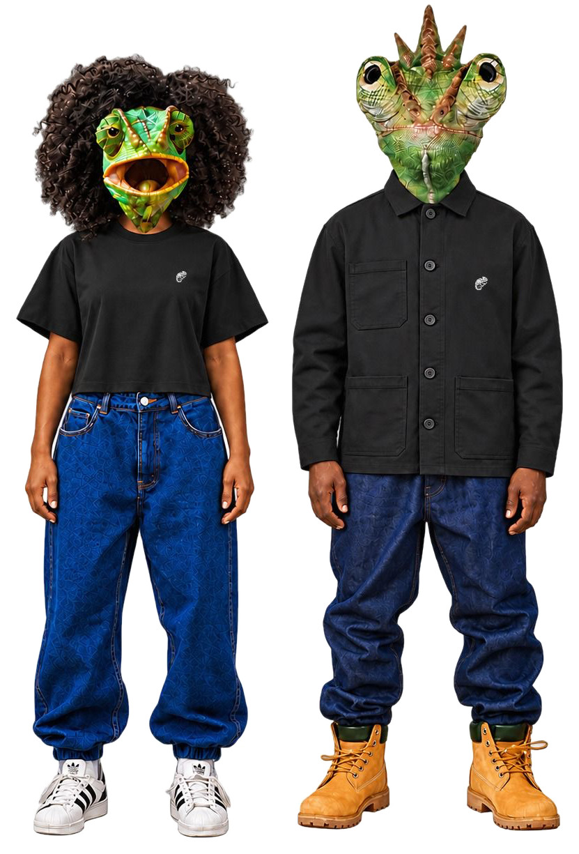 Two chameleon-headed figures in black Limits Are Fiction pieces